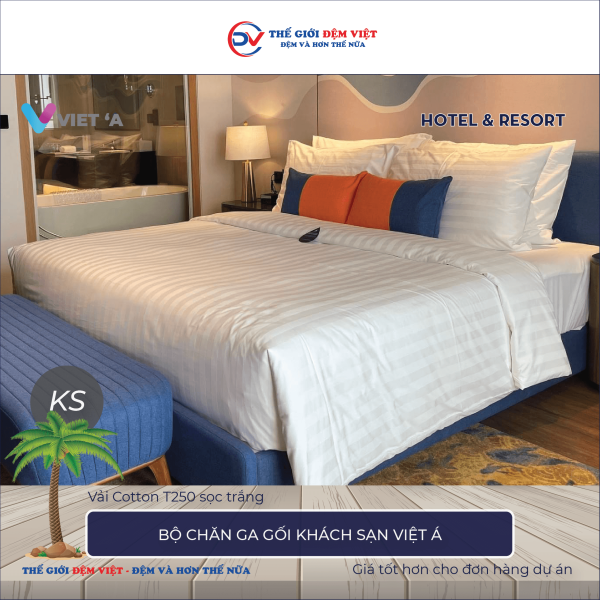 Bộ chăn ga gối khách sạn Việt Á Cotton T250 sọc trắng